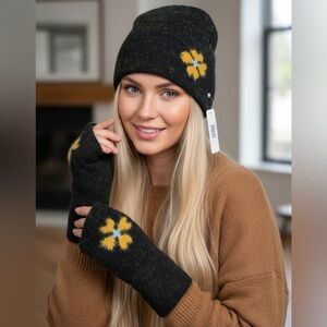 Black & Yellow Floral Knit Beanie and Fingerless Gloves Set